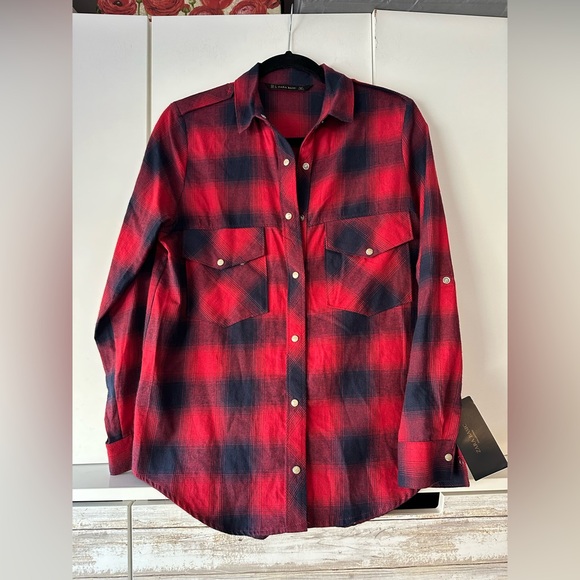 Zara Tops - Zara Women's Red and Black Plaid Button-Down Shirt
